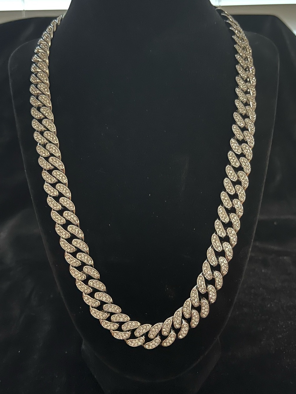Blinged Out Cuban Link Necklace Silver Tone Statement Chain 20” Stainless Steel